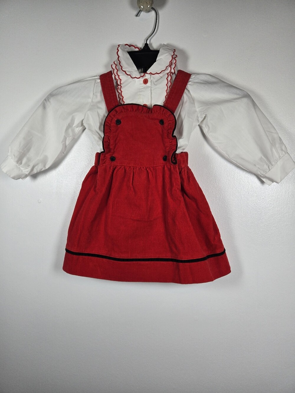 Vintage 80s IZOD Lacoste Red Corduroy Jumper Dress White Blouse 2pc Set